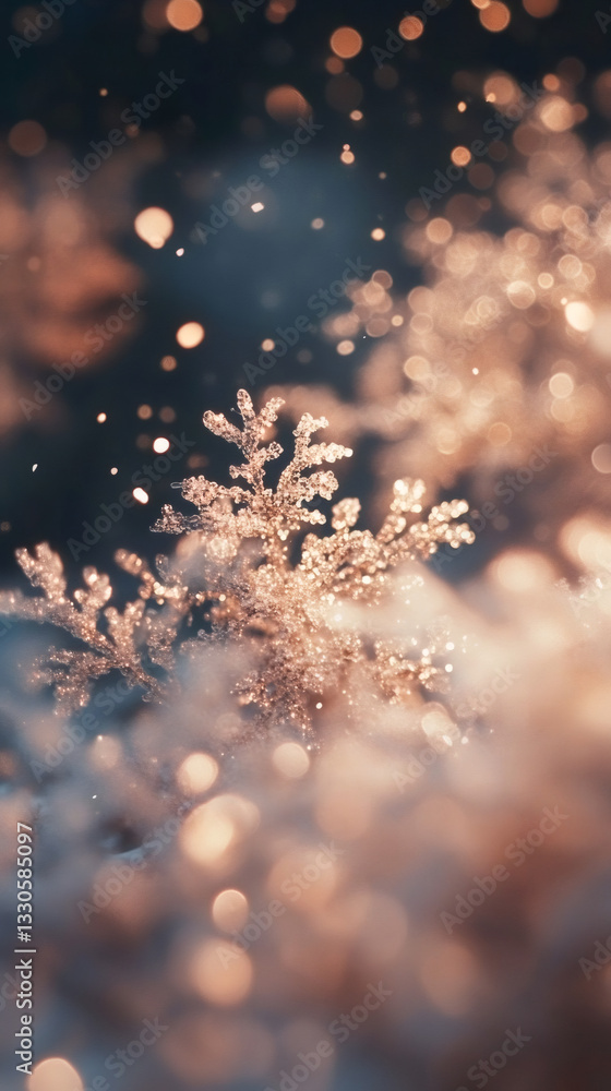 Aufkleber Close-up of delicate ice crystals sparkling in winter sunlight, creating a magical bokeh effect during a snowfall