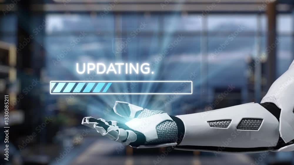 Poster a robotic arm displays an update progress graphic in a contemporary workspace, symbolizing advanceme