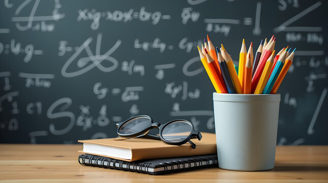 Education and Classroom Still Life - Pencils, Glasses, Books, Math Chalkboard on Wooden Desk for Study and Learning