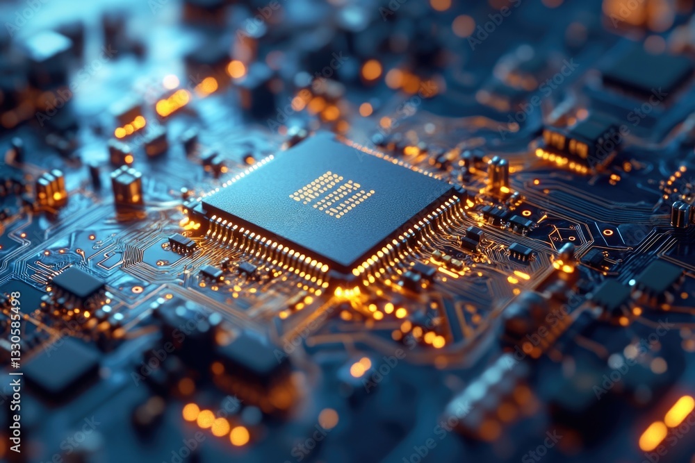 Poster a high-quality close-up image of a computer chip on a motherboard