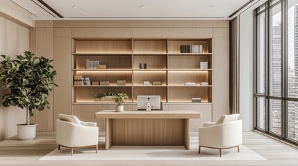 Modern minimalist office with wooden desk, built-in shelves, and city view.