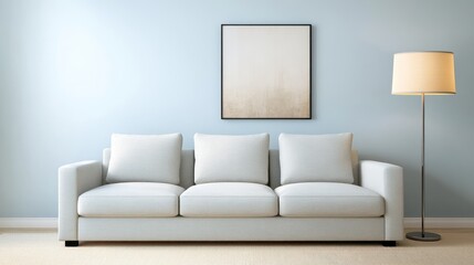 A neutral-toned sofa with square armrests, paired with three soft cushions and positioned against light blue walls