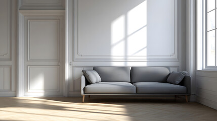 Fototapeta premium Modern Gray Sofa in a Luxurious Classic Interior with Sunlight Streaming Through Window