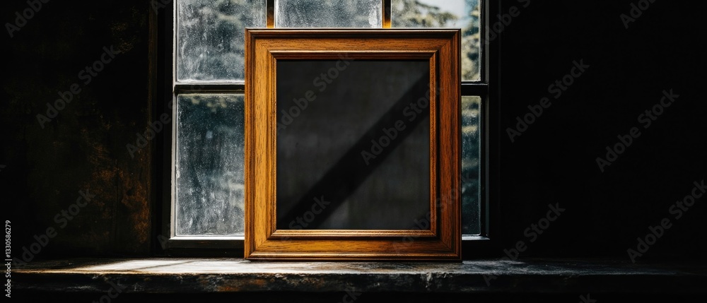 Poster a picture frame sitting in front of a window with a view