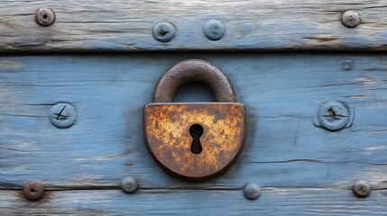 Fototapeta premium Rusted padlock on weathered blue wooden door