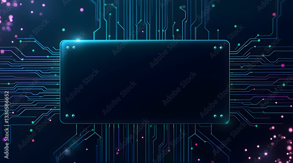 Poster futuristic digital circuit board network with glowing frame and particles