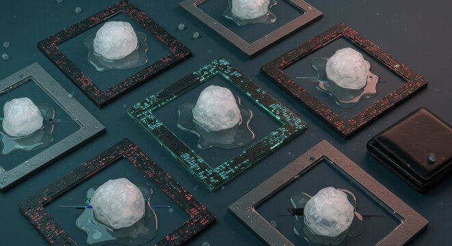 Melting Ice Spheres in Frames with Wallet Digital Art Concept