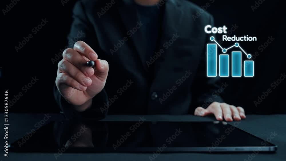 Poster a business professional illustrates cost reduction strategies using digital data visualization tools