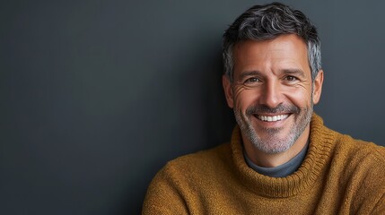 Fototapeta premium Smiling Middle-Aged Man on Solid Background Displaying Happiness