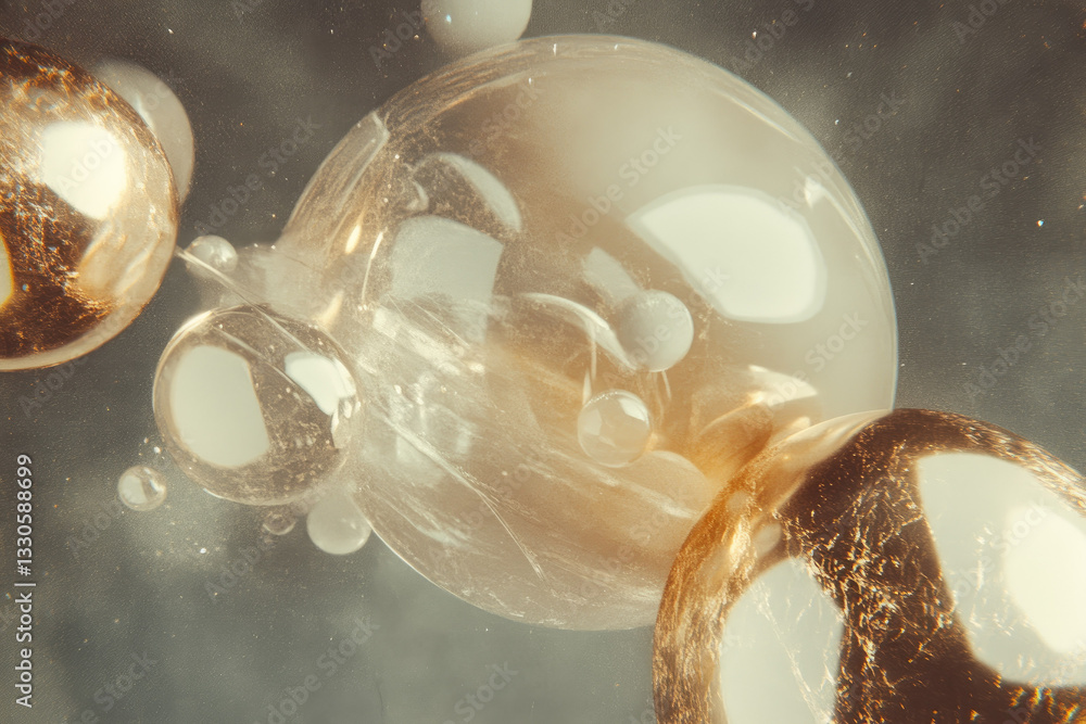 Aufkleber cluster of translucent bubbles with golden reflections floats dark, ethereal space, creating surreal