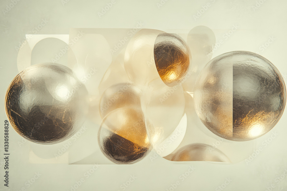 Poster abstract composition of translucent spheres with golden reflections, creating futuristic and etherea