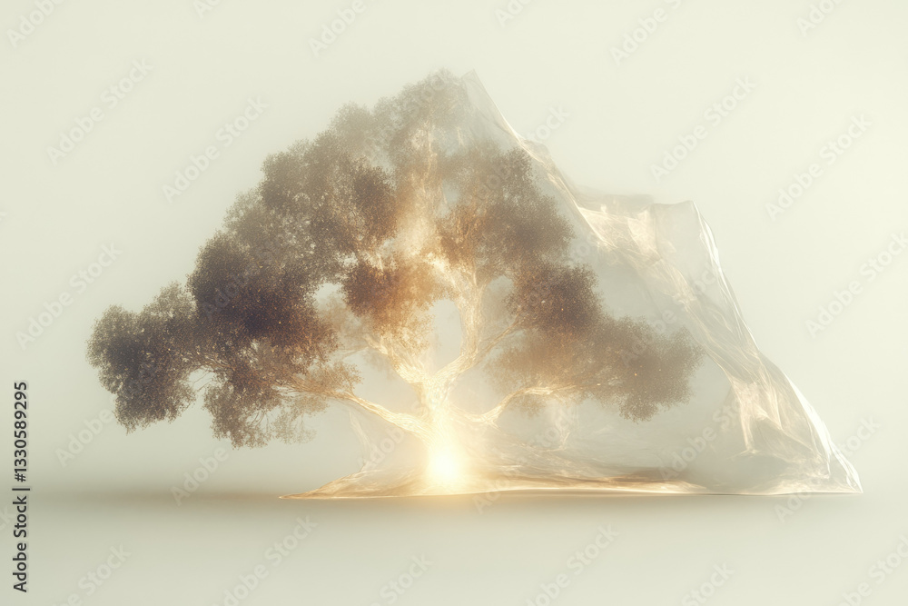 Poster tree enveloped in translucent material emits warm glow, creating serene and mystical atmosphere