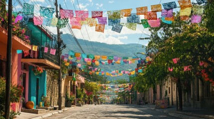 Fototapeta premium Strings of papel picado hanging across a street, fluttering in the breeze