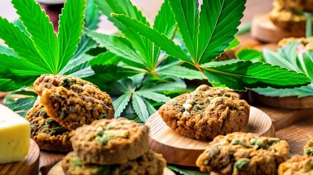 Assorted cannabis-infused foods, including cookies and pastries, displayed with fresh leaves on a wooden table. Hemp products banner. International Hemp Month concept