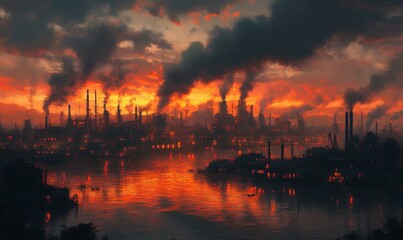 a cityscape with factories billowing smoke, sunset reflection on the water.