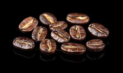 close-up of roasted coffee beans on a dark background.