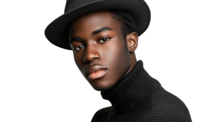 Young man in a stylish hat poses thoughtfully against a plain background