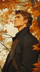 a man standing with autumn leaves.