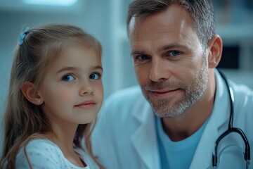 a doctor and a child looking at the camera, concept of healthcare, and health.