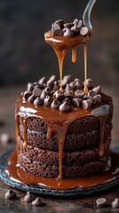 a close-up of a layered chocolate cake with chocolate chips and caramel sauce.