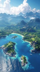 an aerial view of a coastal landscape with islands and mountains.