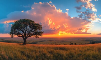 a lone tree silhouette against a vibrant sunset sky and dramatic clouds