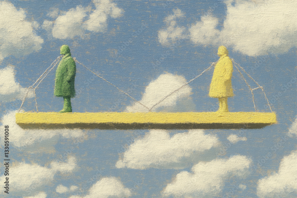 Poster Two figures in green and yellow stand on floating platform in cloudy sky, connected by strings. surreal scene evokes themes of balance and connection amidst chaos