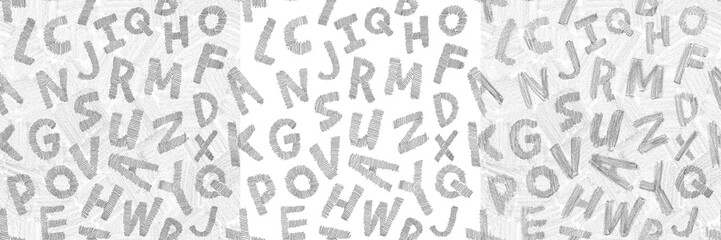 seamless pattern raster for design, with letters, alphabet imitation pencil, hatching on sheet