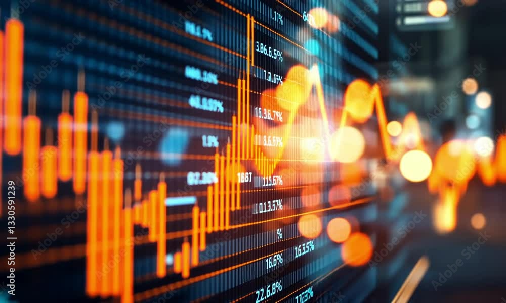 Poster financial market data visualization: dynamic stock chart display on a screen at night