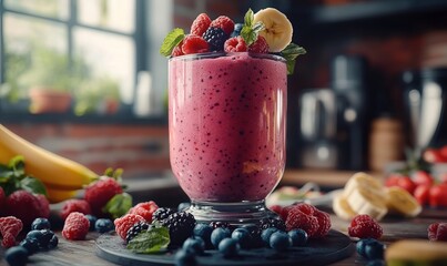 a berry smoothie in a glass with banana and fresh berries around it.