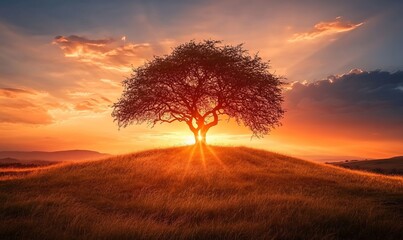 a tree silhouetted against a sunset on top of a hill