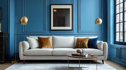 A Scandinavian-style living room with a light gray sofa, gold lamp, and blue walls creates a chic and contemporary atmosphere