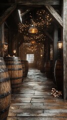 wooden barrels inside a vintage wooden storage room