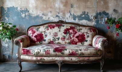 an antique floral patterned sofa in front of a rustic wall.