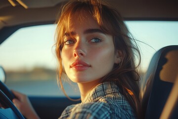 a woman looking over her shoulder while driving.