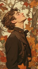 a person standing surrounded by autumn leaves.