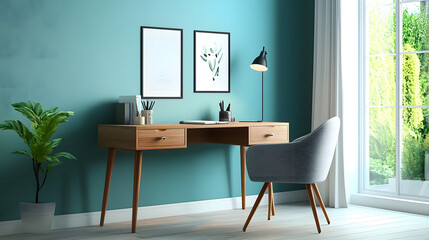 Fototapeta premium Modern Home Office Workspace with Teal Wall and Natural Light