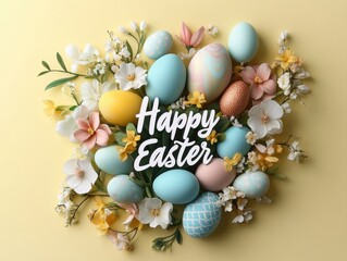 Modern Easter card design featuring colorful eggs and floral accents celebrating joy and renewal during the festive season