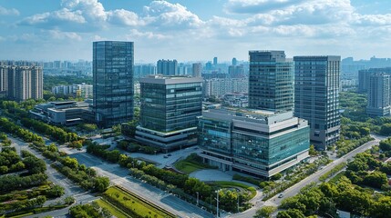Fototapeta premium Aerial View of Modern Industrial Office Buildings in Urban Environment