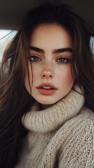a close-up portrait of a young woman with long brown hair and freckles.