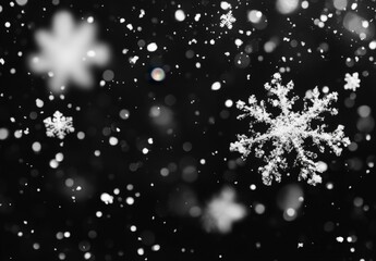 Fototapeta premium White snow overlay layer on black background, snowflakes bokeh and snowfall for Christmas and holiday design.