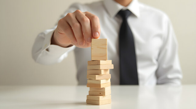 Building Business Strategy - Businessman Stacking Wooden Blocks Tower on White Desk