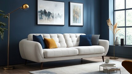 A Scandinavian-style living room with a light gray sofa, gold lamp, and blue walls creates a chic and contemporary atmosphere. 