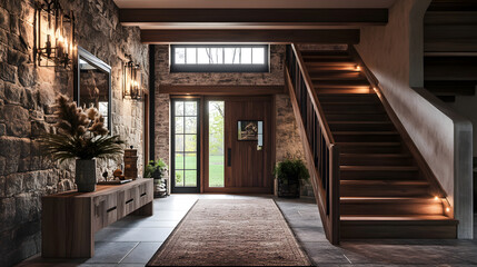 Obraz premium Luxurious Farmhouse Entryway with Stone Walls, Wooden Staircase, and Elegant Lighting