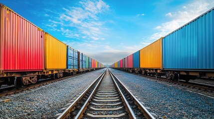 Fototapeta premium Colorful Freight Cars in Industrial Warehouse Exterior Setting
