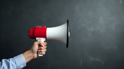Red and White Megaphone in Hand for Public Announcement and Communication on Dark Background
