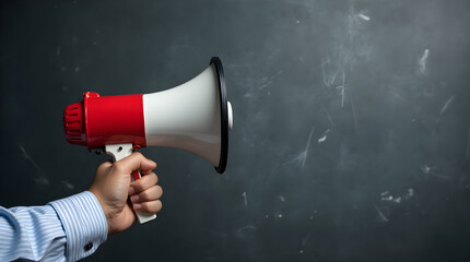 Hand Holding Red and White Megaphone Public Announcement Dark Chalkboard Wall