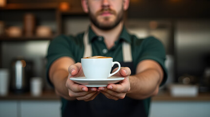 Barista Serving Hot Latte Art Coffee Beverage Cafe
