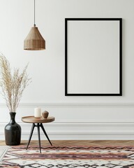 Modern minimalist room interior with empty frame, pampas grass, side table, and rug.