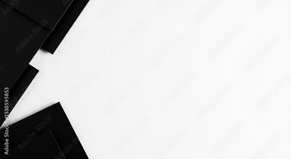 Poster modern abstract composition featuring layered black geometric shapes on a clean white background, cr